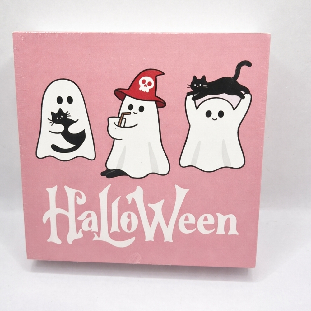Pink Halloween Ghost Wood Block Sign – Cute Spooky Shelf Decor – New